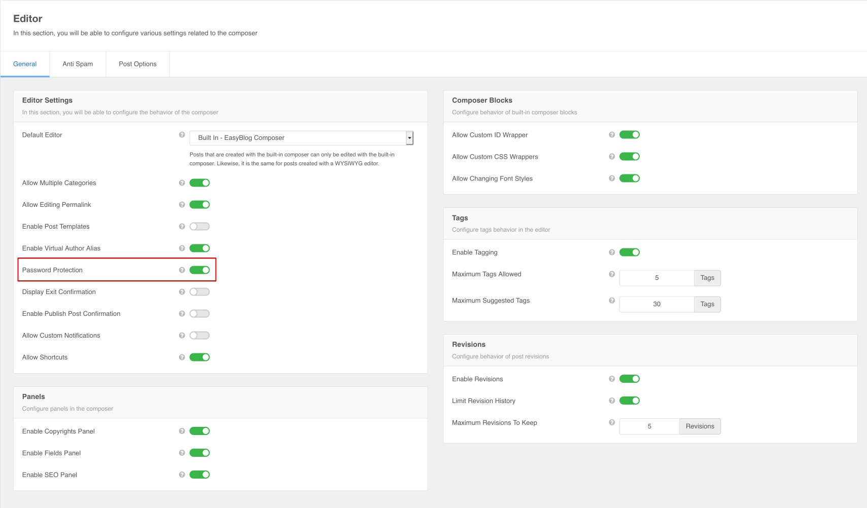 EasyBlog Password Protection Settings