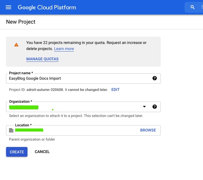 Creating new Google projects