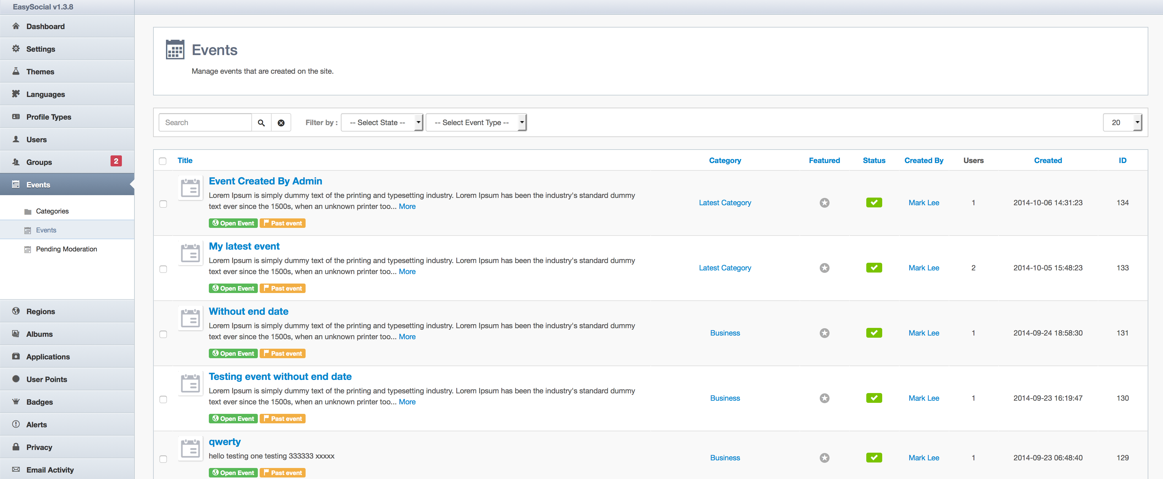 Events in EasySocial