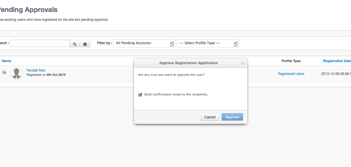 Approve User Dialog in EasySocial