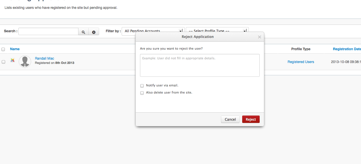 Reject User Dialog in EasySocial