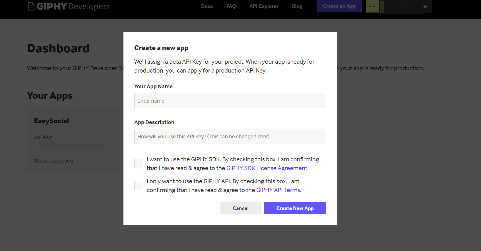 Create a new Giphy app