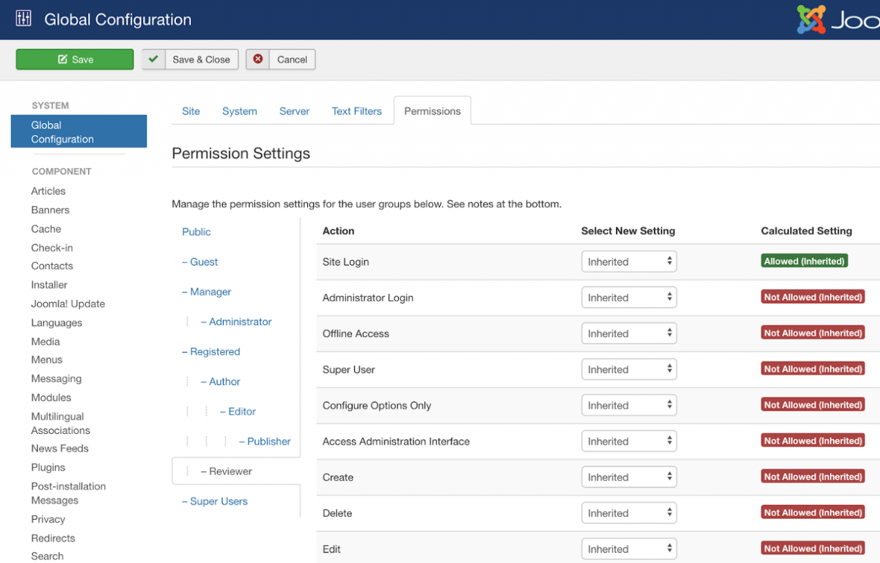 Permissions tab in Global Configuration