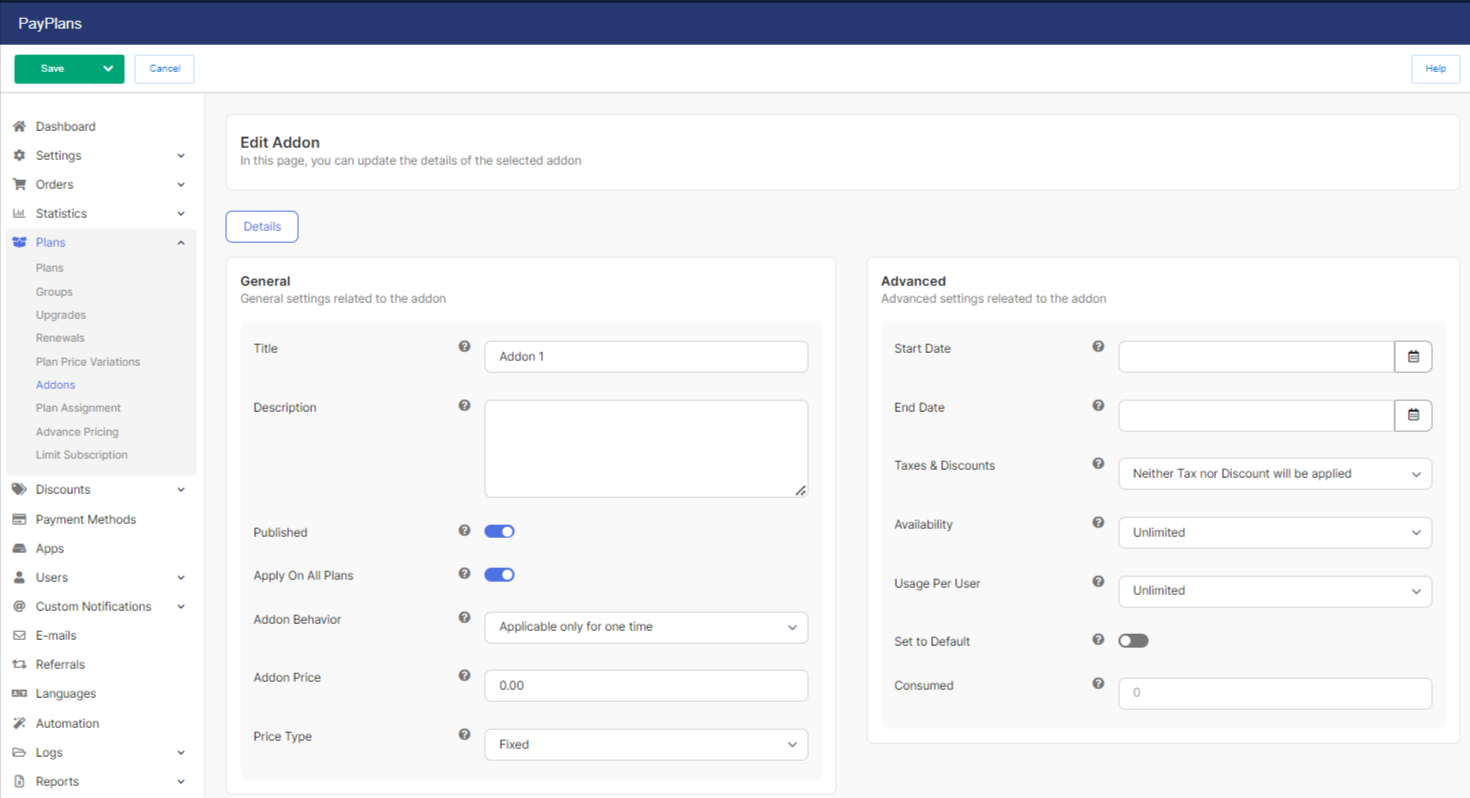 Plans Addons Configuration